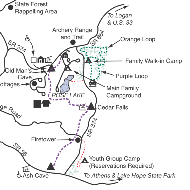 Excerpt of trail map shows trail from Old Man's Cave to Ash Cave. Note that the trail goes by Rose Lake, but not around it.